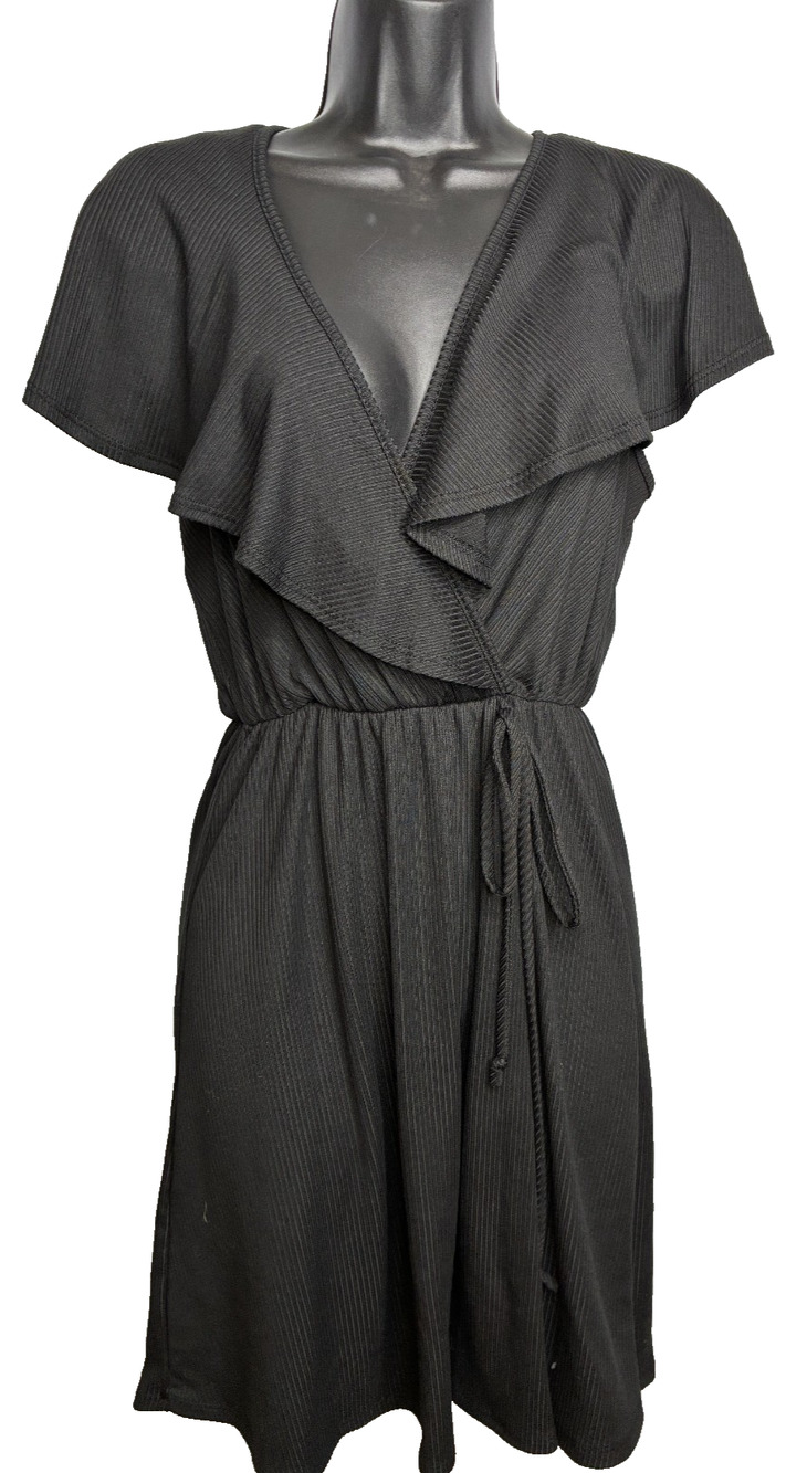 P.S. Kate Women's Med Black Ribbed Dress Elastic Tie Waist Ruffled Neck